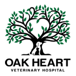 Oak Heart Veterinary Hospital Logo - Illustrated tree with dog and cat sitting at base of trunk
